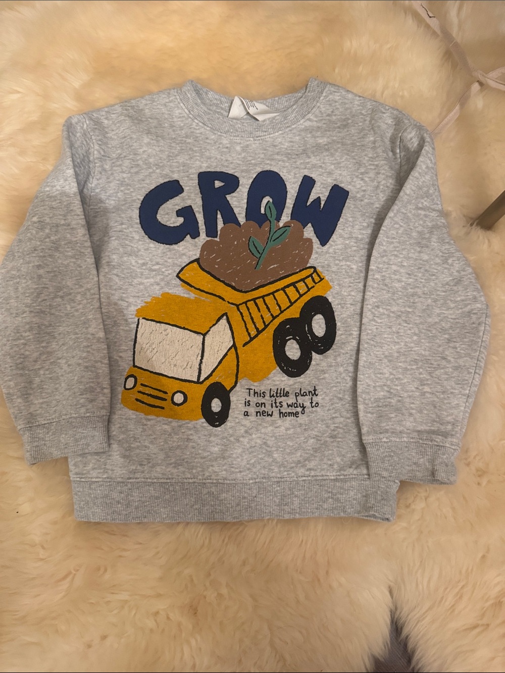 H&M Grey Sweatshirt with Yellow Dump Truck and Blue 'GROW' Graphic